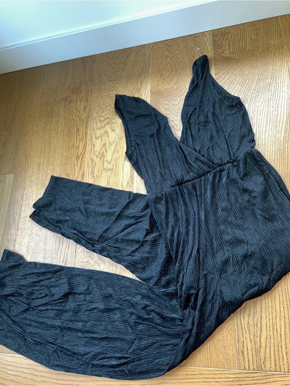 Women’s Black Jumpsuit with Metallic Pinstripes